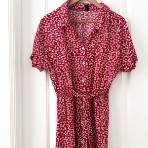 Red and White Belted Floral Shirt Dress shein